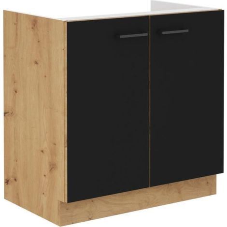Meuble sous évier 80 x 52 x 82 cm – 2 portes battantes – Chêne artisan / Noir mat – Accès facile pour rangement (1/2)
