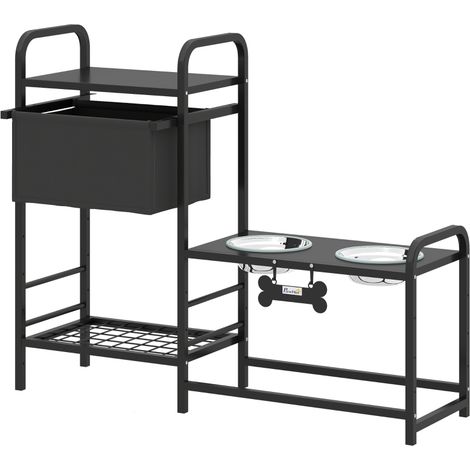 Gamelle surélevée chien réglable hauteur 2 gamelles inox 800ml espace rangement 89,5x27x74cm noir