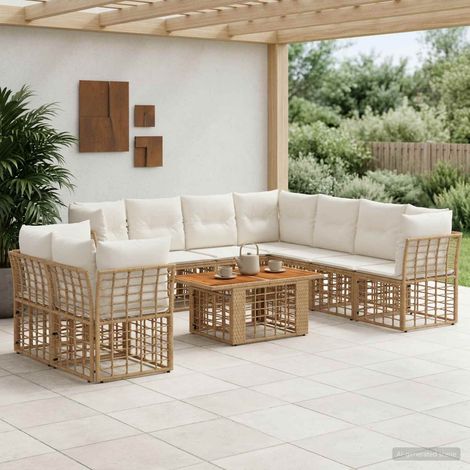 vidaXL Set Divano da Giardino 10 pz Naturale e Bianco Crema polyrattan (1/5)