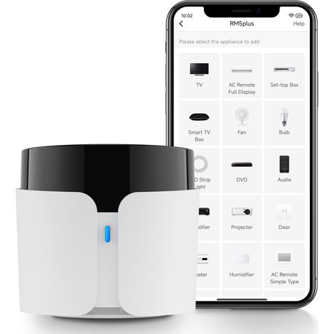 Broadlink RM5plus - Control remoto universal por infrarrojos, control de voz con Alexa y Google Assistant, mando a distancia inteligente Wi-Fi para TV, aire acondicionado, ventiladores, Smart Hub todo