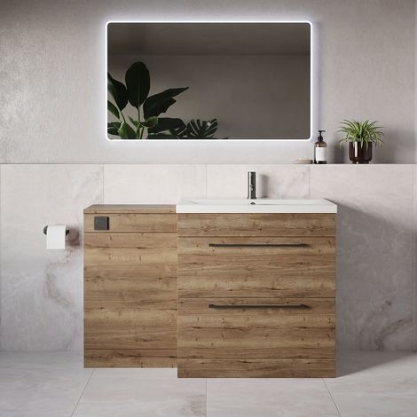 Napoli 390 Tobacco Oak 1300mm 2 Drawer Vanity Unit Toilet Suite with Glide Basin - 1300mm - Gunmetal Grey 480mm HandleWithout Kingston Toilet Pan
