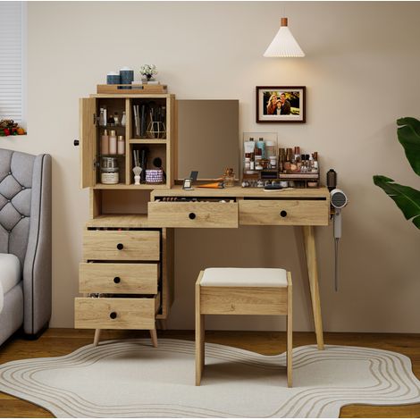 Toeletta con specchio a scomparsa (84x40 cm), 5 cassetti e mobiletto laterale, stile nordico, legno naturale (1/5)