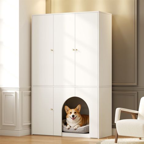 Armoire de Chambre 3 Portes - 120x50x200cm - avec Espace pour Animaux Barre de Penderie et Étagères de Rangement - Blanc (1/5)