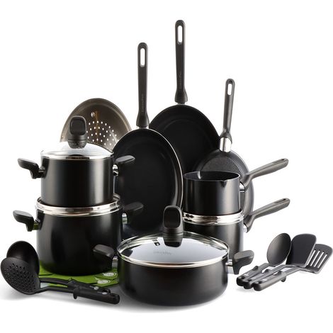 GreenPan Memphis Memphis - Set di pentole e padelle antiaderenti in ceramica, 20 pezzi, senza PFAS, a induzione, adatto al forno, nero (1/5)
