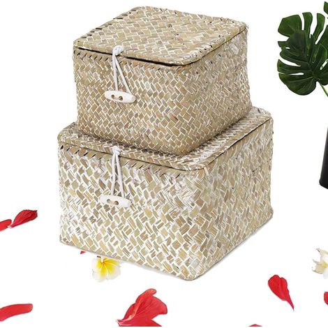 Panier de Rangement en Jonc de mer avec Couvercle Ensemble de 2 Paniers Empilables Herbe de mer Tissée Paniers Carrés pour étagères Organisateur Boîtes Stockage de Cosmétiques Bijoux (1/5)