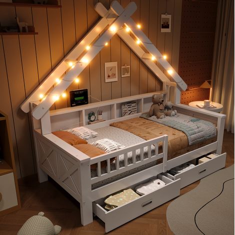 Etagenbett 90/200 cm in legno bianco a forma di casa con LED, ripiani e cassetti (1/5)