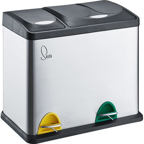 Svita – Poubelle à pédale en acier inoxydable 26L – 2 compartiments 8L + 18L – Ouverture avec mécanisme à pédale – Antidérapante – Argenté