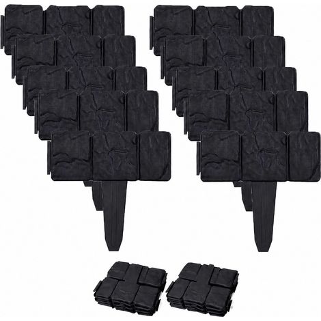 Bordure de jardin en plastique imitation pierre, noire, panneaux décoratifs emboîtables pour allée fleurie et pelouse (1/5)
