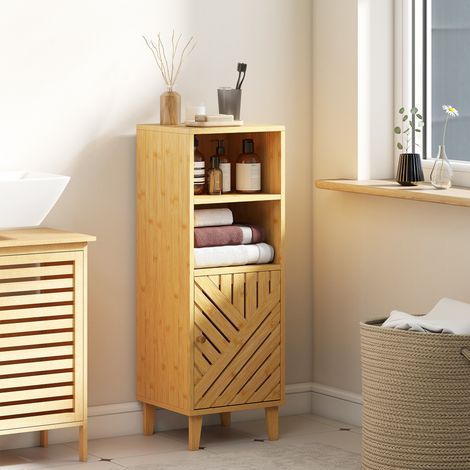 Armoire de salle 32x30x90 cm Naturel de bain étroite Meuble auxiliaire de avec 2 étagères ouvertes Porte et pieds en bambou