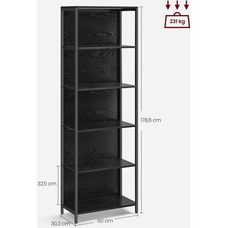 Libreria a LED a 6 ripiani con luce regolabile unità di archiviazione con struttura in acciaio 303 x 60 x 178,6 cm per soggiorno camera da letto ufficio nero 120004274