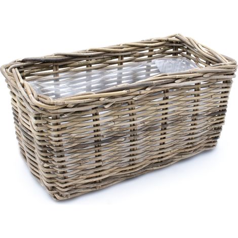 Weide Pflanzkasten natur - 40 cm / eckig - Rattan Blumen Korb mit Folie - Garten Deko Flechtkorb Pflanztopf Blumentopf