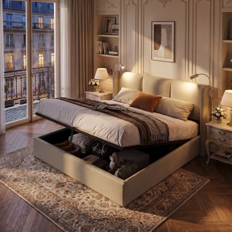 Lit coffre 160x200 cm - lit double avec liseuse flexible & station de charge usb, sommier à lattes- rangement hydraulique - lin & métal - beige
