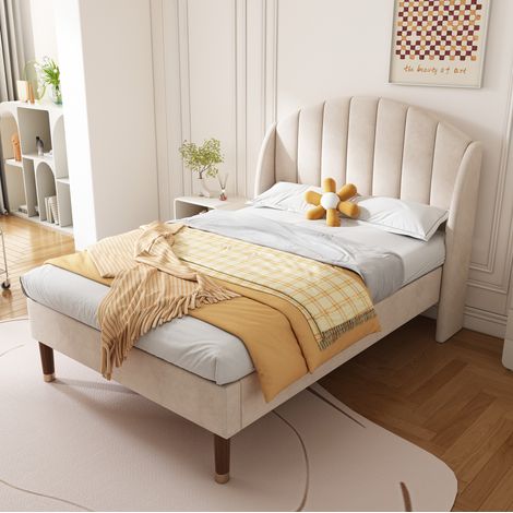 Cama 90x200 cm de terciopelo beige con cabecero, ahorra espacio, sin colchón – MEUBLIV (1/5)