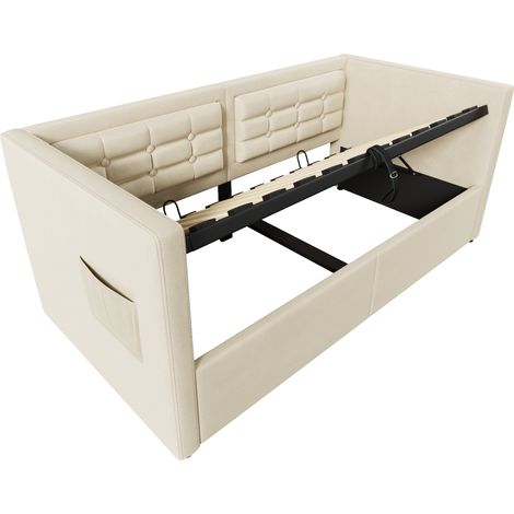 CAIziCanapé-lit rembourré 90x200 cm, lit simple avec rangement hydraulique et station de charge USB & Type-C, lit d’appoint avec sommier à lattes en bois, beige, velours, sans matelas. (1/5)