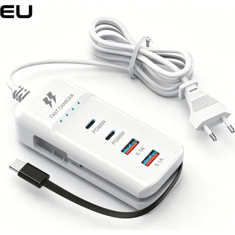 Chargeur multiple mural avec rallonge câble prise EU 2 ports PD 66W et 2 ports USB 5.1A (1/5)