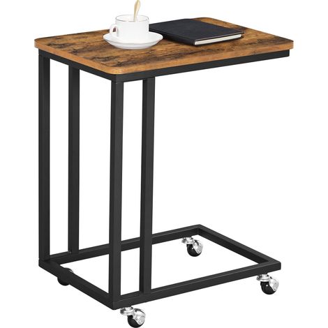 Table d’appoint, Bout de canapé, Table mobile, avec cadre en acier et roulettes, montage facile, style industriel, pour salon, chambre, balcon, Marron Rustique et Noir LNT50X (1/5)