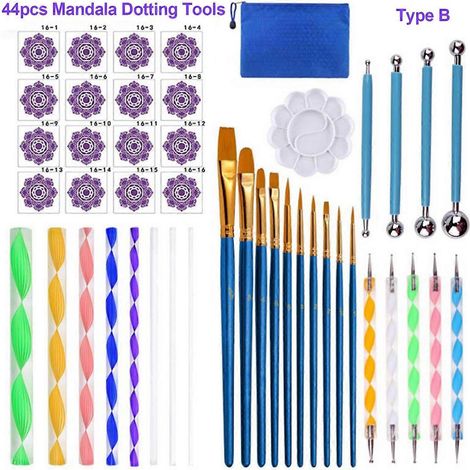 Ensemble de 44 outils de pointillage mandala pour peinture DIY : pochoirs, palette à billes, pinceaux, outils multifonctions en relief. (1/4)