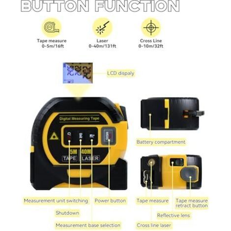 Mètre laser 3 en 1 avec niveau à lignes croisées - Outil de mesure laser numérique 40 m (131 pi), mise à niveau automatique, écran LCD, unités po/pi/m Ruban de 5 m (16 pi) (Jaune) (1/4)
