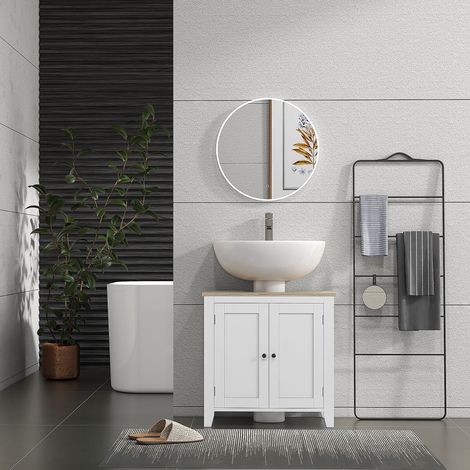 Meuble vasque en U blanc MDF et bois, 60x30x60 cm, étagère ajustable intérieure, rangement salle de bain (1/5)
