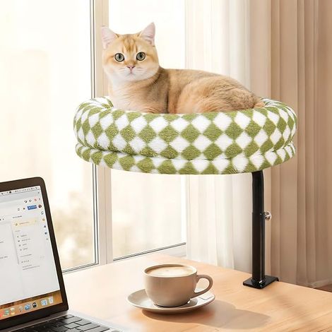 Panier Chat Bureau Rotation à 360°Réglable En Hauteur Lit Hamac Pour Chats Interieur Sans Perçage Supporte Jusqu'à 18 kg Transat Moelleux Coussin Lavable en Machine Montage Facile Vert (1/5)