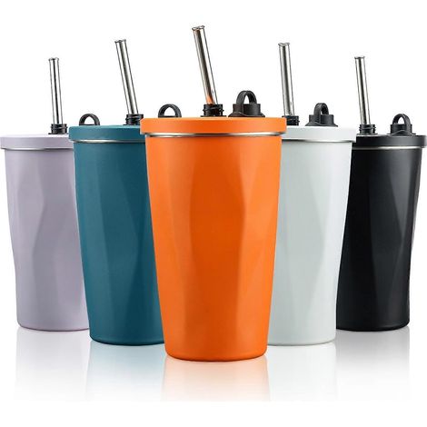 Mug isotherme en acier inoxydable, 590 ml (20 oz), avec couvercle étanche et paille réglable, réutilisable, idéal pour les voyages, orange. (1/5)