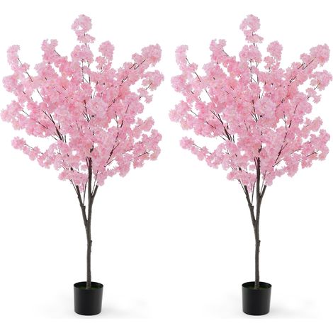 Plante Artificielle en Pot Ciment 190CM avec 900 Fleurs Roses, Fausse Cerisier avec Troncs de PE Simulés, Décoration Moderne pour Salon Bureau (1/5)