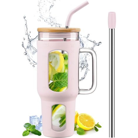 Gobelet 1,4 L avec Poignée, Couvercle Bambou & Pailles