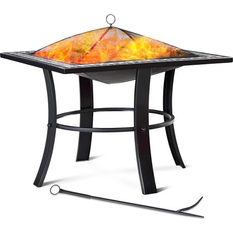 Brasero carré Runedak 76 cm en acier laqué noir avec pierres mosaïque et couvercle, feu de jardin extérieur pour bois charbon et briquettes 76x76x72 cm (1/4)