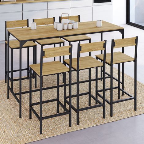 DETROIT Conjunto de mesa de bar de 150 cm de altura y 6 sillas de bar de diseño industrial (1/5)