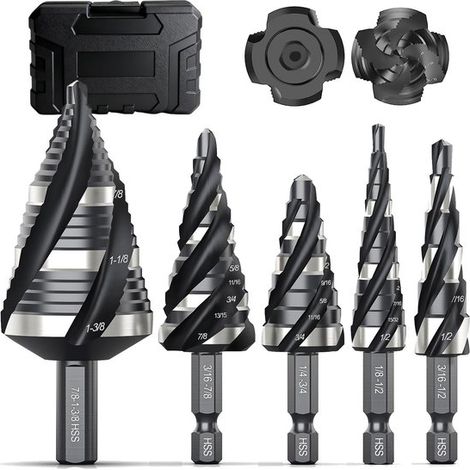 Set di punte da trapano a gradini HSS, punte da trapano a spirale metriche per alluminio, legno e plastica (1/5)