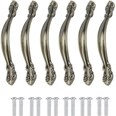 Maniglie vintage per mobili, 6 pezzi - Per porte, mobili, cucina, armadi, cassetti, credenze - Lega intagliata - Con viti, interasse fori 96 mm (1/5)