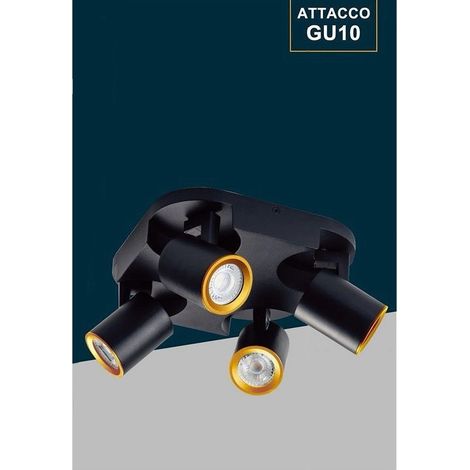 TRADE SHOP - Plafoniera 4 Diffusori Orientabile Soffitto Parete Lampada Gu10 Bianco Nero Th8805 - Nero (1/5)