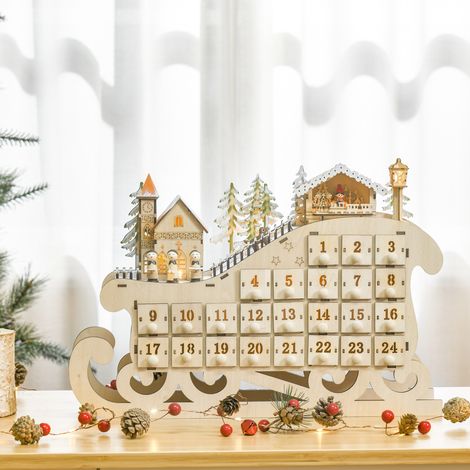Calendrier de l'Avent en Bois en Forme de Traîneau avec 24 Tiroirs à Remplir, Décorations et Lumières LED, 45x10x31cm (1/5)