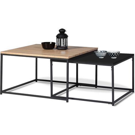 Idmarket – Lot de 2 tables basses gigognes – Métal noir et bois – Design industriel – Dimensions 70x70cm et 60x60cm – Emboîtables et modulables