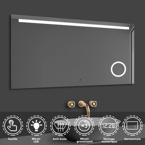 Acezanble Horloge numérique, miroir 12080cm miroir salle de bain avec éclairag + LED miroir mural cosmétique lumineux + anti-buée + Miroir grossissant (1/5)