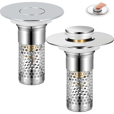 Lot de 2 bouchons universels pour lavabo, bonde escamotable avec crépine anti-obstruction, compatibles avec les bondes de 2,7 à 3,8 cm (1,06 à 1,5 pouce), pour lavabos standards américains, ABS et lai (1/5)