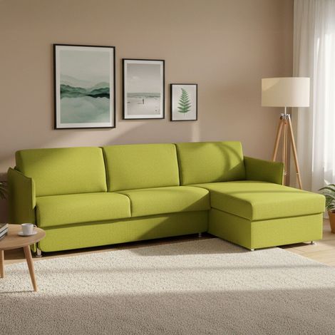 Divano Letto con Penisola Scordia, Sfoderabile, Contenitore Made in Italy, Idrorepellente Trasformabile in Letto, 260x160 cm Verde (1/5)