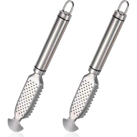 Set mit 2 multifunktionalen Fischschuppenschabern aus Edelstahl zum Entfernen von Fischschuppen. Ideales Küchenutensil für Haushalt, Märkte und Restaurants.