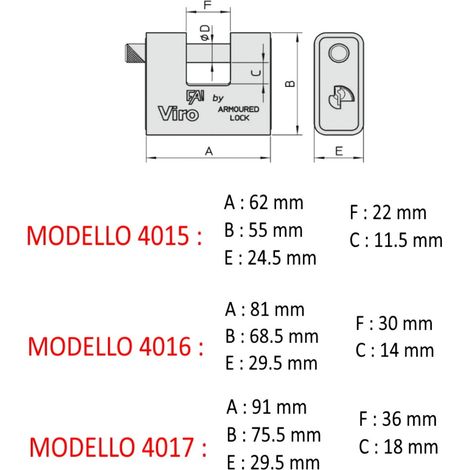 LUCCHETTO CORAZZATO FAI BY VIRO CON STESSA CIFRATURA CHIAVE MISURE CORPO 62 MM X 55 MM - ALLOGGIAMENTO OCCHIOLO 22 MM X 11.5 MM (1/2)