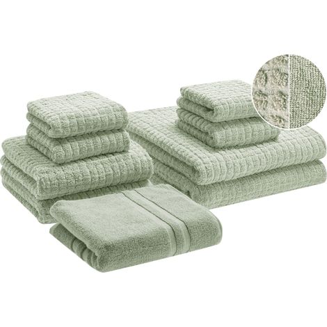 Set di 9 asciugamani da bagno in cotone morbido con tappetino da bagno Verde Chiaro Atai