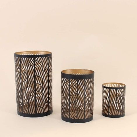 Set de 3 lanternes découpe ajourée géométrique noir & or (1/5)