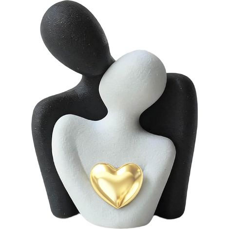 1 Statue Couple Céramique, Cœur Doré, Blanc, Décoration Intérieur, Cadeau Mariage
