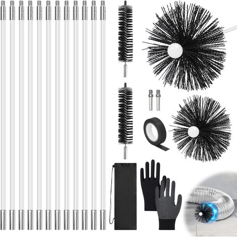 Kit de ramonage conduits gainés brosse hérisson nylon 150 mm / 100 mm / 40 mm – Longueur 4.9 mètres en 12 cannes de 410mm