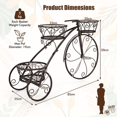 Porte-plantes tricycle bronze à 3 paniers en métal avec poignée en U et paniers ajourés pour jardin, terrasse et salon (1/5)