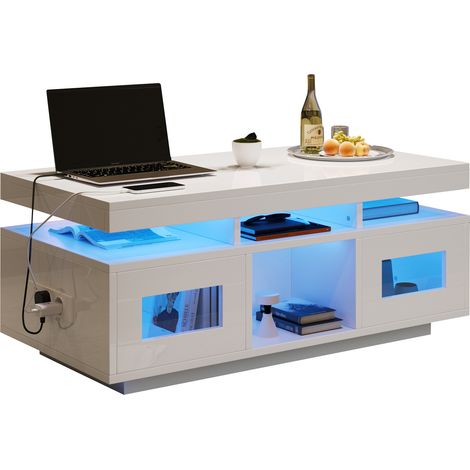 Tavolino da Caffè 100x50x43 cm, con Luci LED, Porta USB e Presa Elettrica Integrati, Bianco, per Soggiorno, Ufficio o Studio (1/5)