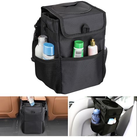 Poubelle Voiture Avec Couvercle - Sacoche Suspension Tête D Appui - 3 Poches De Rangement - Doublure Vinyle Etanche - 1 Pièce (1/5)