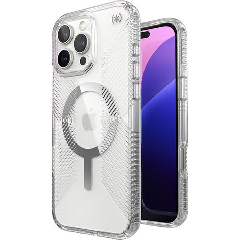 Speck Presidio Perfect-Clear Grip MagSafe - Custodia per iPhone 16 Pro Max (Trasparente / Finitura cromata / Argento sereno) (1/5)