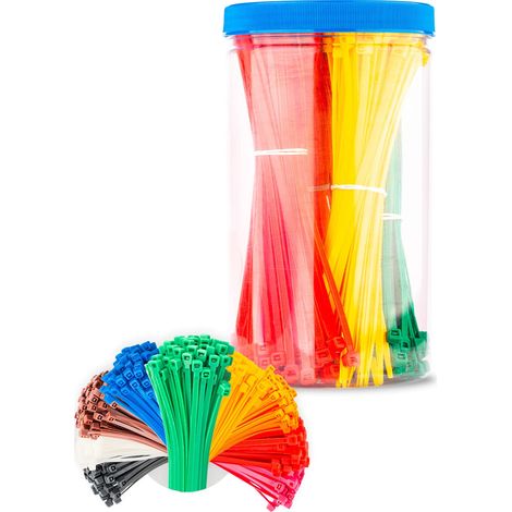 Lot de 450 serre-câbles 4,8 x 200 mm, nylon polyamide auto-extinguible, couleurs : noir, blanc, jaune, orange, rouge, rose, vert, bleu et marron (1/5)