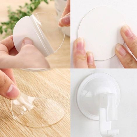 Pack of 10 round, transparent, double-sided adhesive stickers with waterproof silicone backing and suction cup attachment. (1/5)