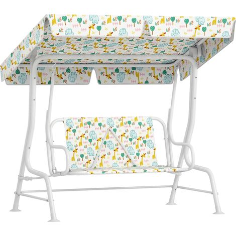 Balançoire d'extérieur 2 places pour enfants avec auvent réglable et ceintures de sécurité, 112 x 75 x 120 cm, blanche (1/5)